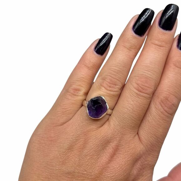 Raw Rough Amethyst Ring Size 7 Solid 925 Sterling Silver Natural Stone Purple - Picture 2 of 7